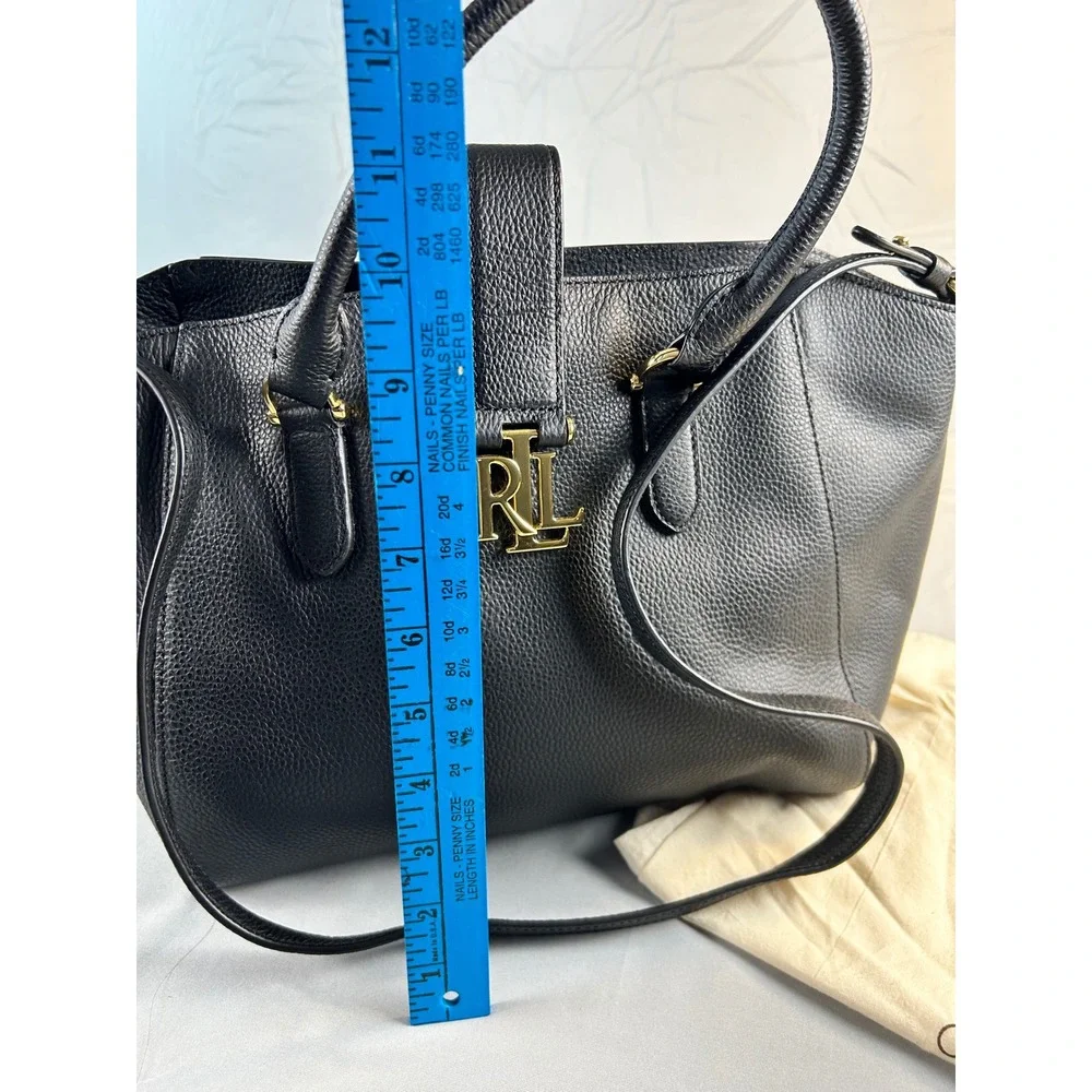 Lauren Ralph Lauren Marcy Black Pebbled Leather Satchel Bag Gold RL Logo Handbag